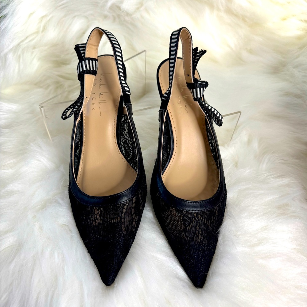 Black Patent Slingback Heels with Striped Elastic - Picture 4 of 13